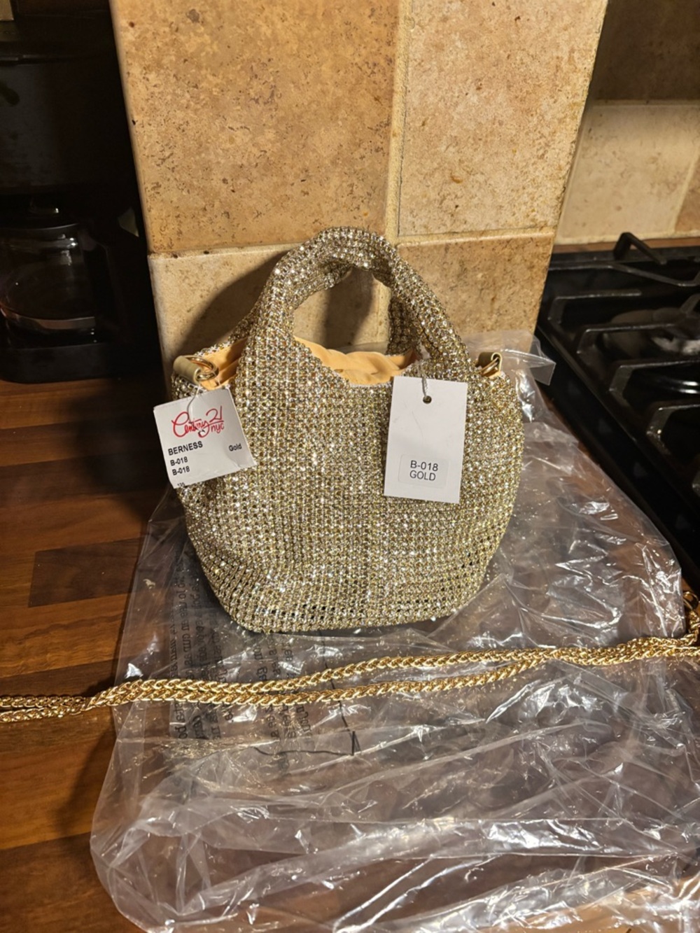 Gold Rhinestone Mini Tote Bag with Chain -